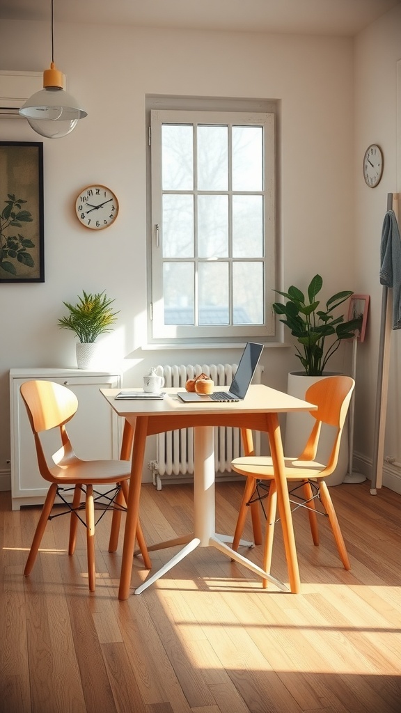 A bright kitchen featuring a small wooden table with two chairs, a laptop, and a plant by the window.