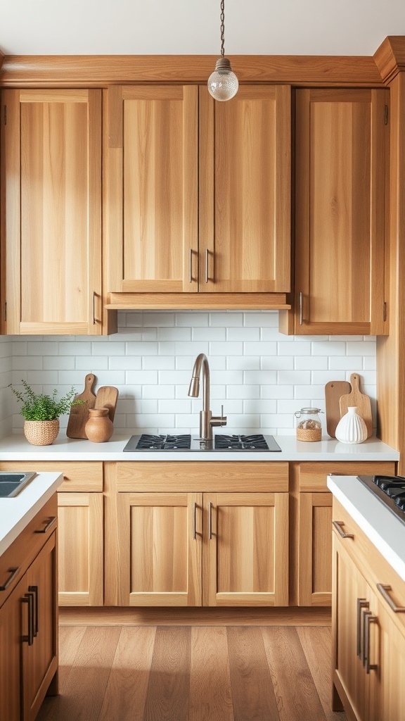 A kitchen featuring alder wood cabinets with a sleek design, black stove, and light countertops.