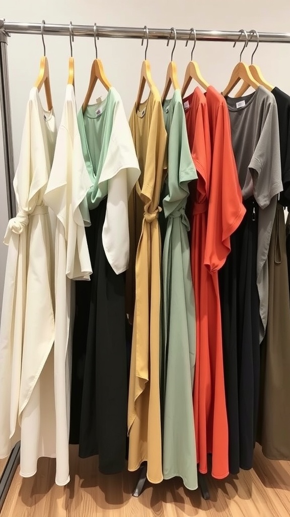 A variety of colorful wrap skirts hanging on hangers.