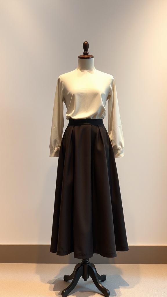 A mannequin displaying a casual outfit featuring a long black A-line skirt and a light-colored blouse.