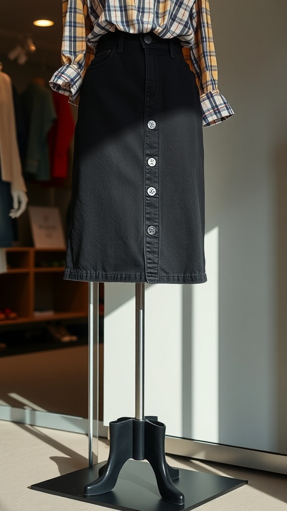 A black denim skirt displayed on a mannequin with a plaid shirt.