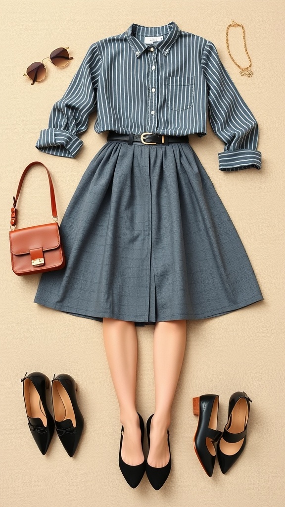A stylish outfit featuring an A-line grey checkered skirt, a striped shirt, black shoes, a brown bag, and sunglasses.