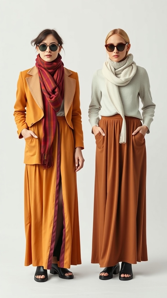 Two women wearing stylish maxi skirts and scarves, showcasing seasonal fashion.