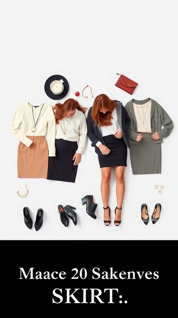 Different mini pencil skirts styled with various tops and accessories.