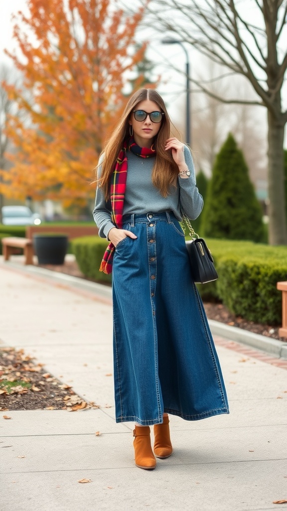 A woman wearing a denim maxi skirt, a gray sweater, and a plaid scarf, walking in an autumn setting.