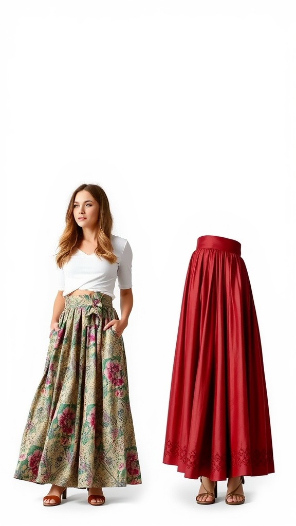 A collage showing two different styles of maxi skirts: one floral and one solid red.