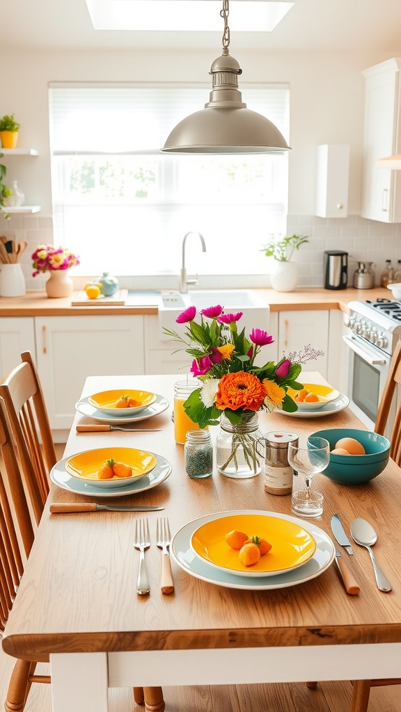A farmhouse kitchen table beautifully set with yellow plates, silverware, and a colorful flower arrangement.