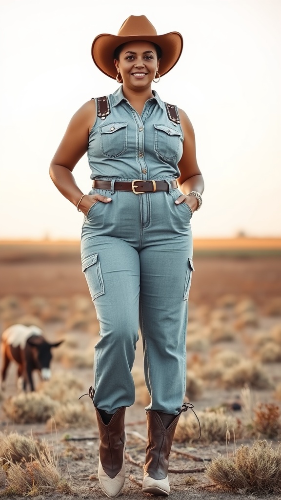 A woman wearing a stylish Western-inspired jumpsuit, cowboy boots, and a wide-brimmed hat, smiling in a natural outdoor setting.