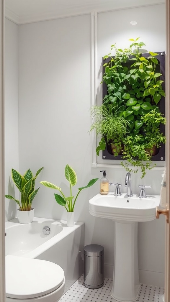 A small bathroom featuring a vertical garden on the wall and potted plants in the corners.