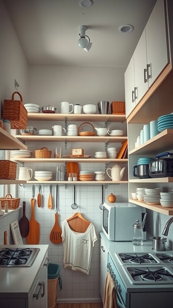 A small kitchen with vertical storage options including open shelves, baskets, and wall hooks.