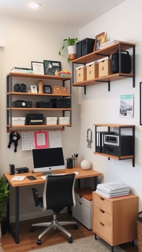 A compact and organized mini home office with vertical storage solutions, featuring shelves and a stylish desk.