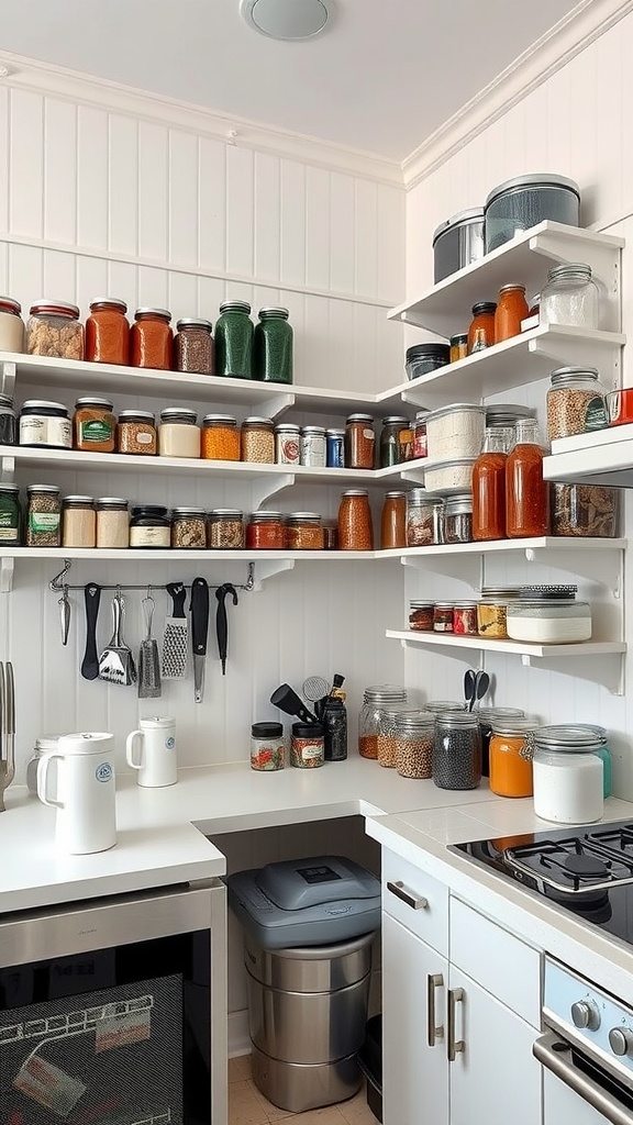 A small kitchen with vertical storage solutions, featuring shelves filled with jars and utensils.