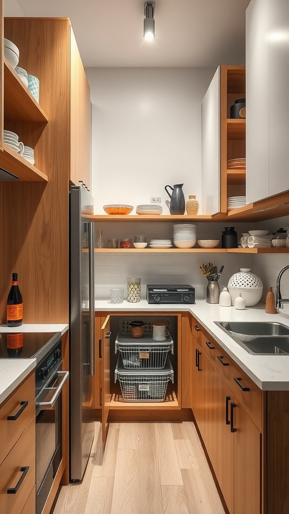 A small kitchen with vertical storage solutions, showcasing open shelving and organized cabinets.