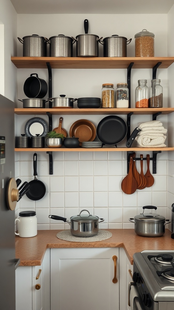 A small kitchen with vertical shelves filled with pots, pans, and neatly arranged kitchen items.