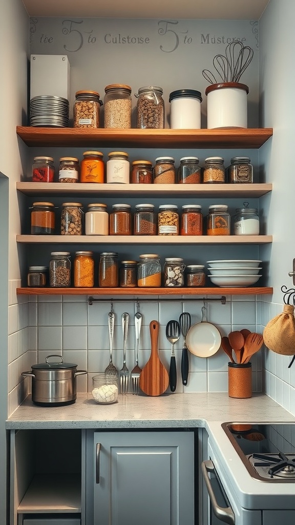 Organized vertical storage in a small kitchen with shelves holding jars and utensils.