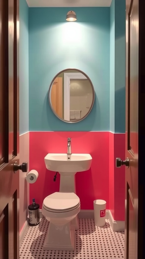 A small bathroom with vibrant blue and pink accent walls, featuring a round mirror and modern sink.