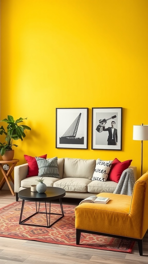 A living room featuring a vibrant yellow accent wall, comfortable seating, colorful cushions, and decorative art.