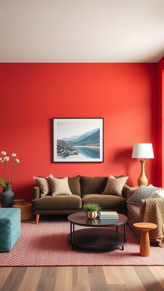A cozy living room featuring a vibrant red accent wall, brown sofa, and decorative elements.