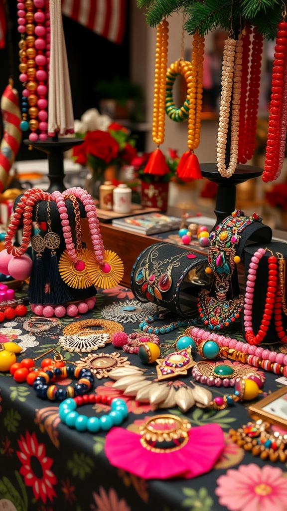 A colorful display of various accessories including necklaces, earrings, and bracelets suitable for birthday outfits.