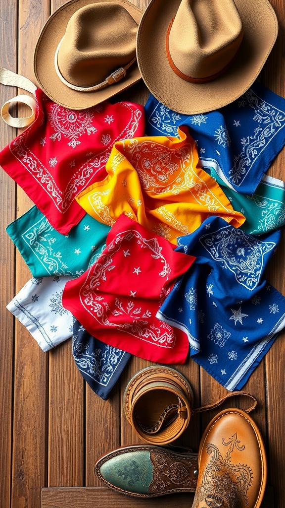 Colorful assortment of bandanas and cowboy hats on a wooden background.