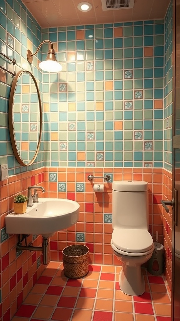 A colorful guest bathroom featuring blue and orange tiled walls and floor, a round mirror, and a small plant.