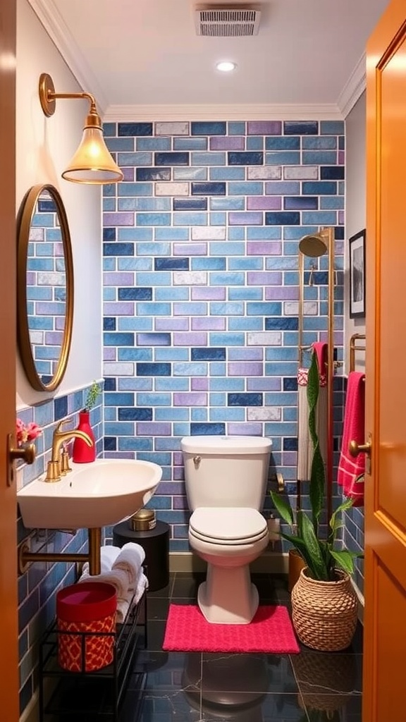 A modern guest bathroom featuring vibrant blue and purple tiled walls, gold fixtures, a round mirror, and colorful accessories.