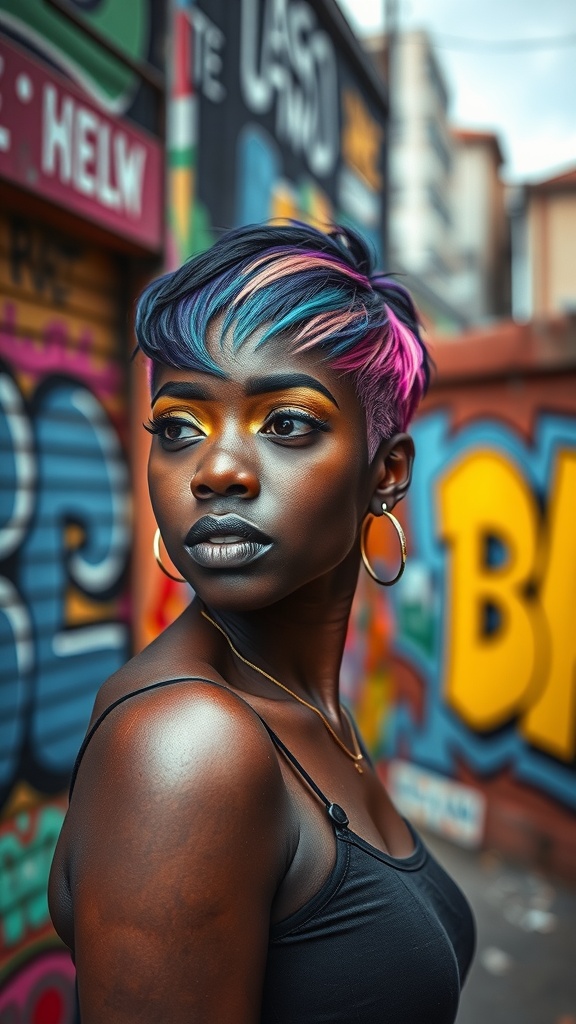 A woman with a stylish short haircut featuring vibrant colors, standing in front of colorful graffiti.