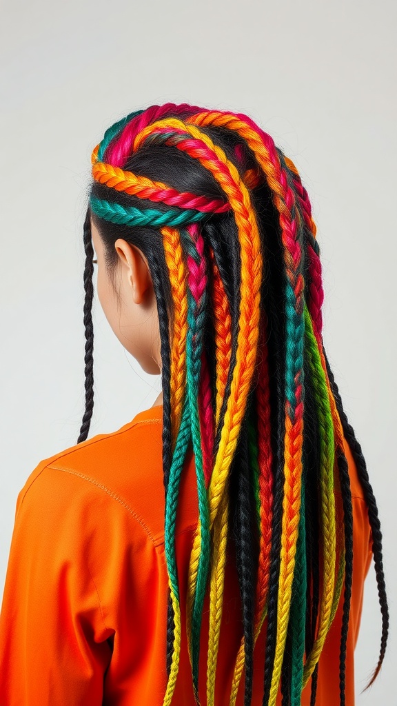 A woman with vibrant colored braids featuring red, yellow, green, and black, styled intricately with an orange top.