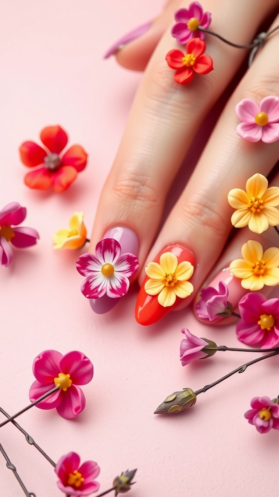 A close-up of colorful almond nails featuring 3D flower details against a pink background.