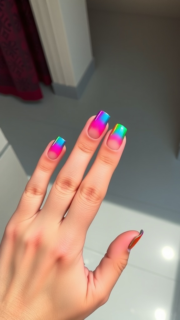 A hand with colorful chrome French nails featuring a gradient design in shades of blue, pink, and green.