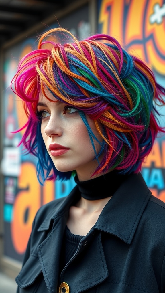 A woman with a vibrant colorful curly bob hairstyle, featuring pink, blue, and green hues, standing against a colorful background.