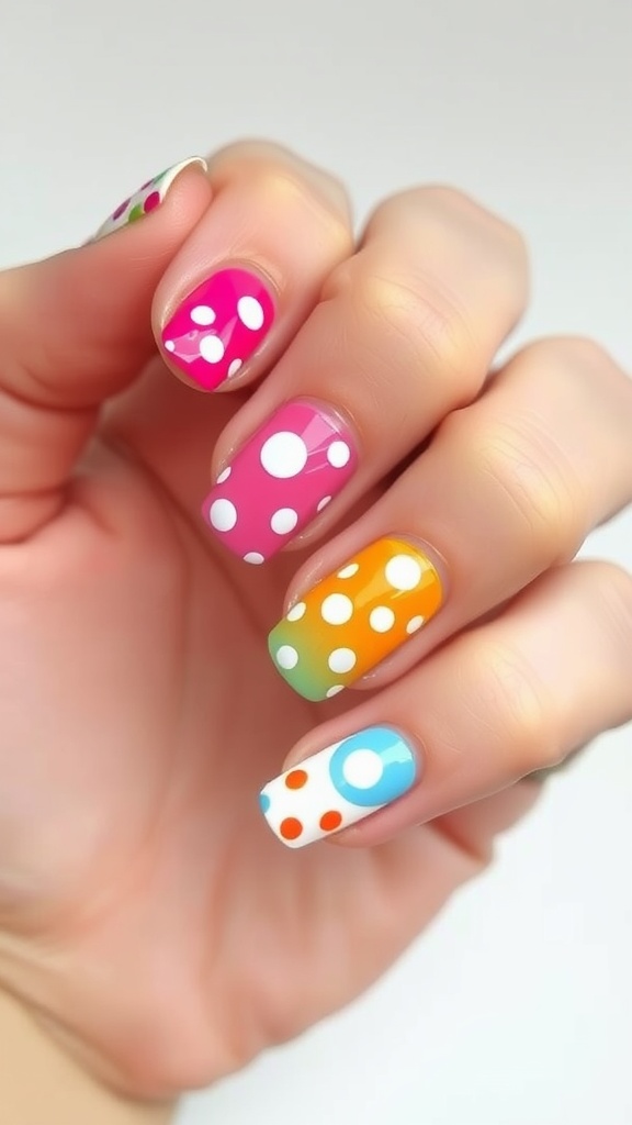A hand showing vibrant colored nails with white polka dots, featuring pink, orange, and blue shades.