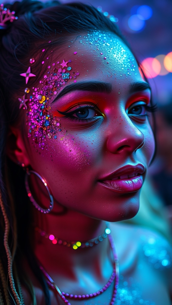 Close up of a person with colorful face gems and glitter on their face