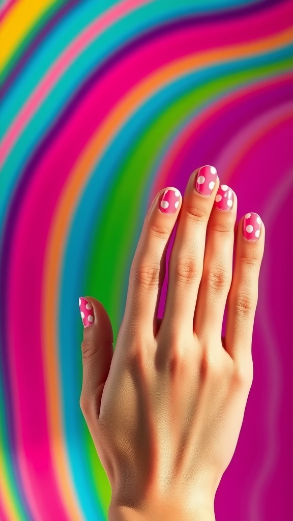 A hand with pink nails featuring white polka dots against a colorful wavy background.