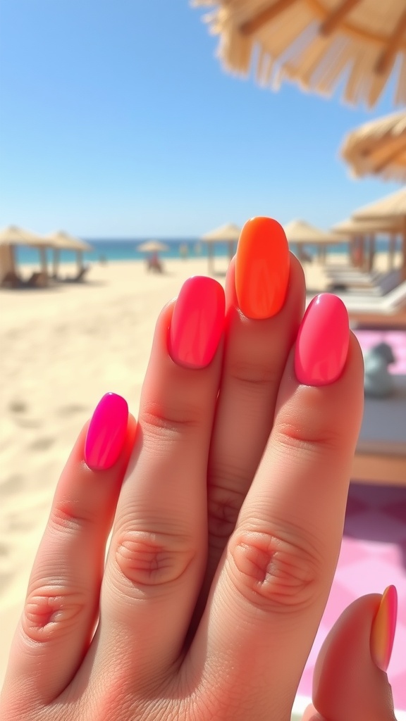 Close-up of almond-shaped nails painted in vibrant neon shades at the beach