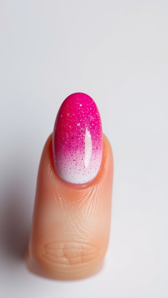 A close-up of a vibrant ombre almond nail design featuring pink to white gradient with glitter