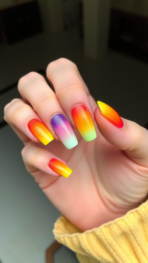 Colorful acrylic nails featuring an ombre design with shades of orange, yellow, green, and purple.