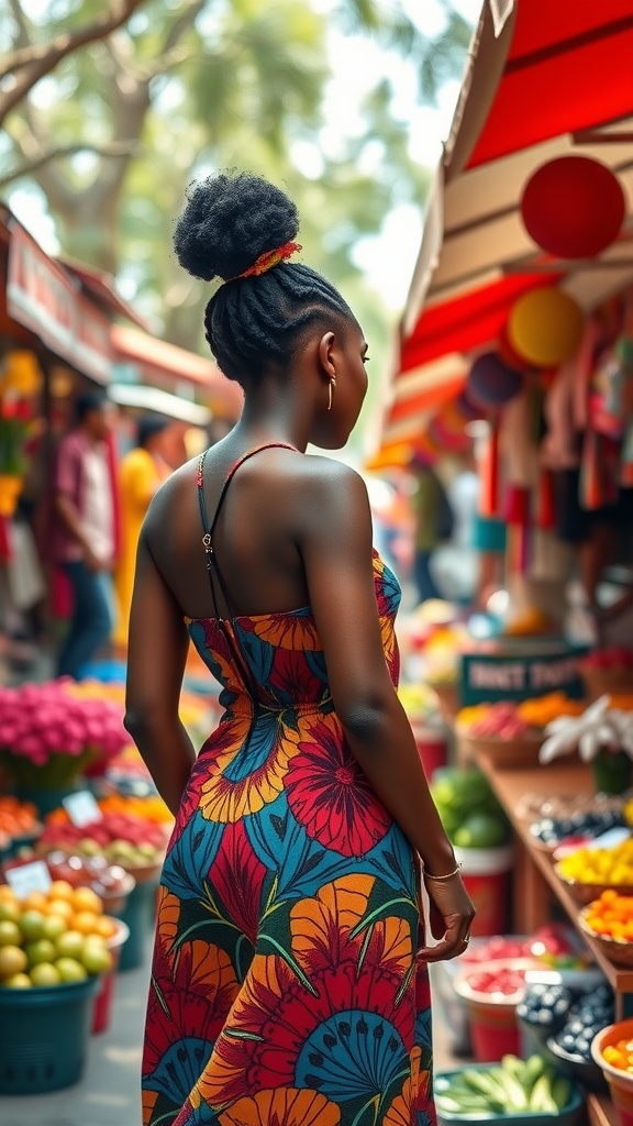 A black woman in a colorful floral dress, standing in a vibrant market filled with fruits and flowers.