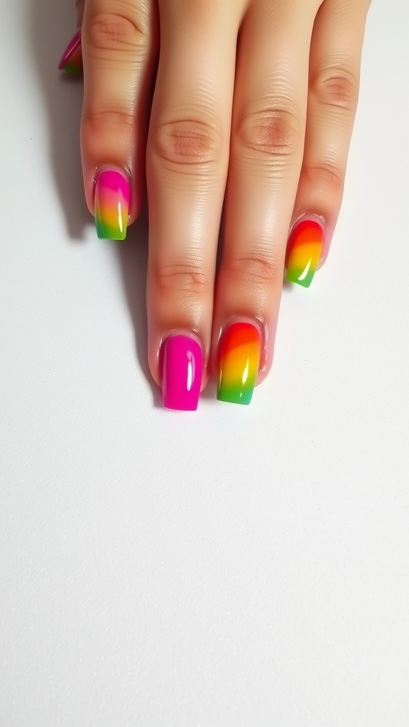 Nails with vibrant gradient French tips in pink, orange, yellow, and green