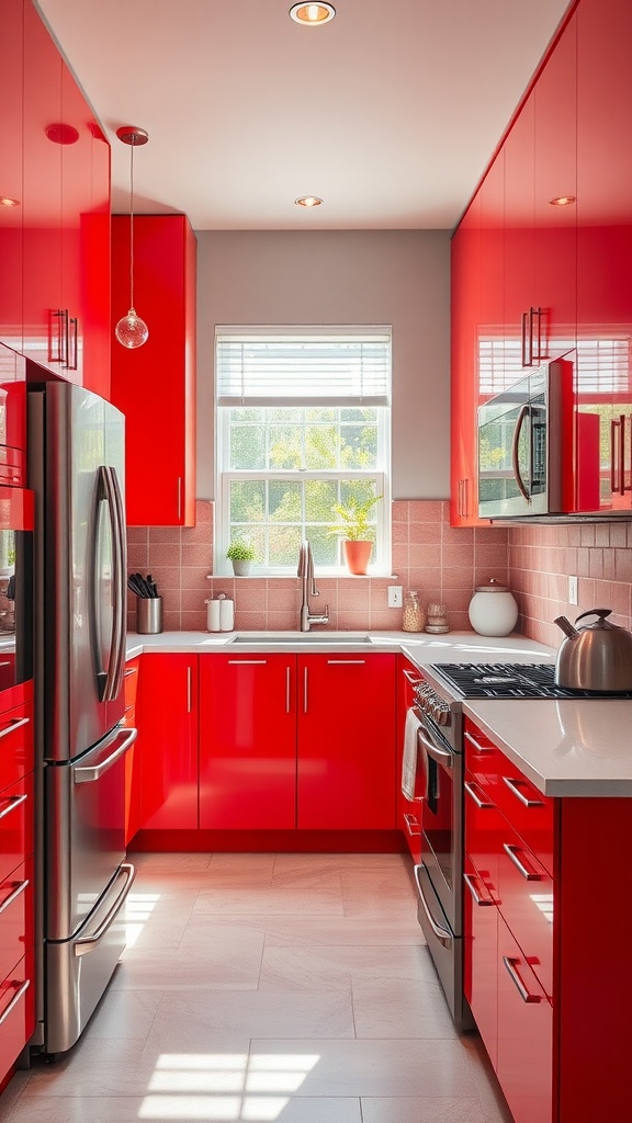 A modern kitchen with glossy red cabinets and stainless steel appliances.