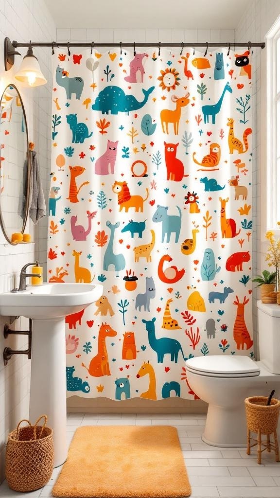 A colorful shower curtain with various animal illustrations in a kids bathroom setting.