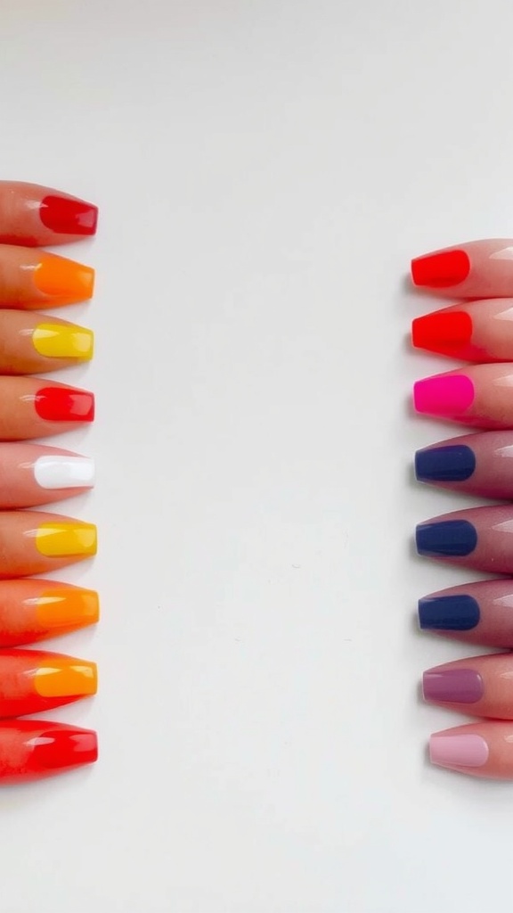Image of short nails painted in vibrant solid colors, showcasing a mix of warm and cool tones.