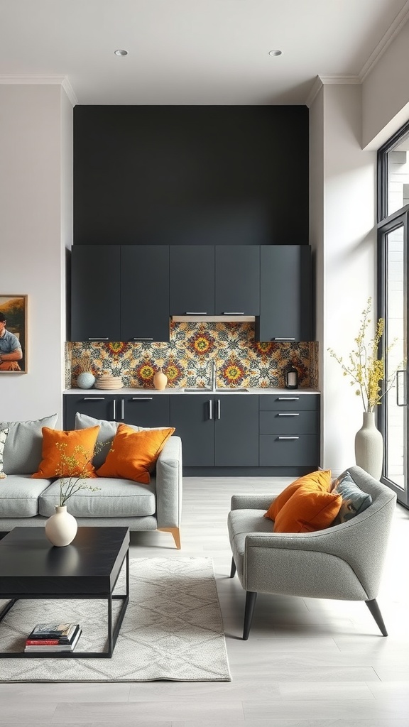 Modern kitchen featuring Talavera tiles as a backsplash with dark cabinetry and cozy seating.