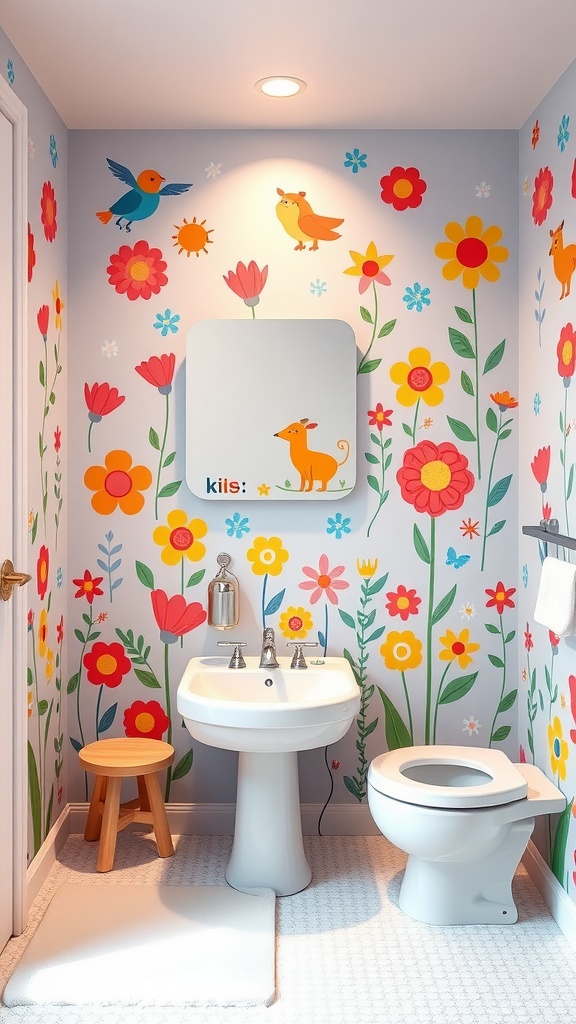 A kids bathroom decorated with colorful wall decals featuring flowers, birds, and a dog.
