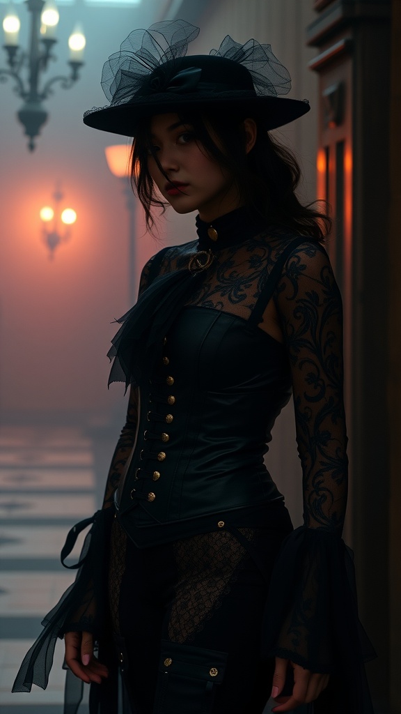 A model wearing a Victorian-inspired gothic outfit featuring a fitted bodice, lace sleeves, and a wide-brimmed hat.