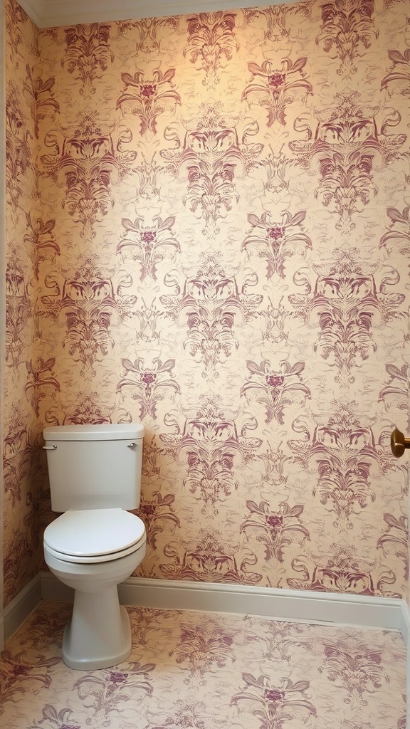 Victorian wallpaper design in a vintage bathroom with floral patterns in shades of pink