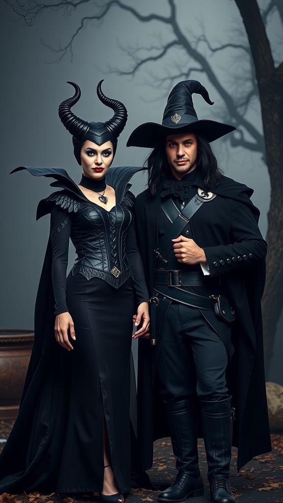 A couple dressed as Maleficent and Captain Hook, showcasing villainous Disney outfits.