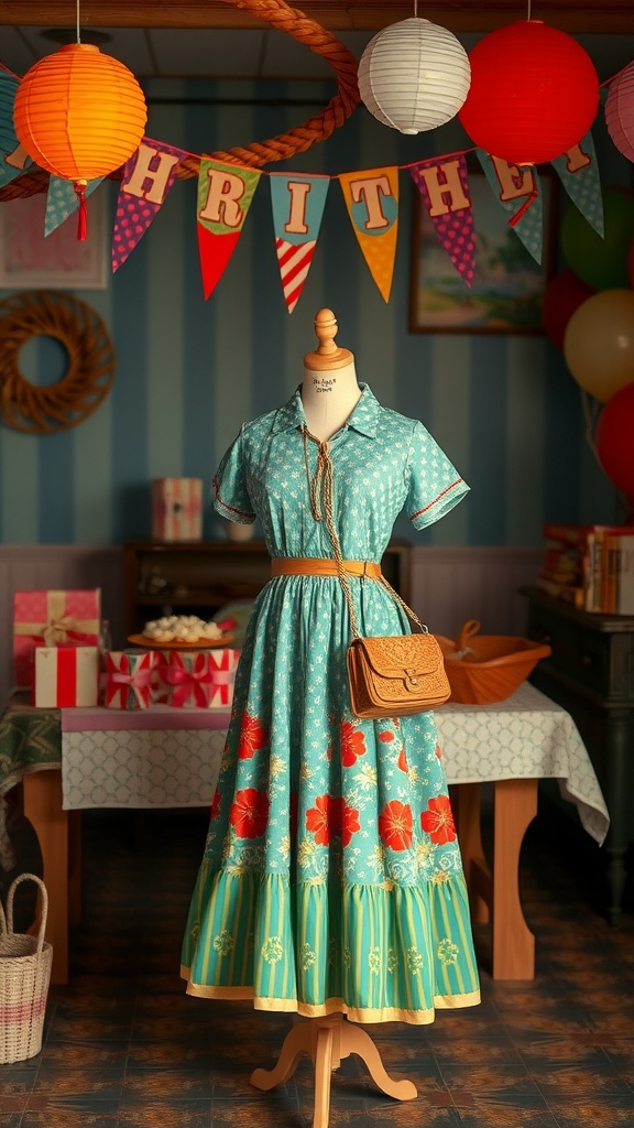 A vintage-inspired teal dress with red flowers displayed on a mannequin, set in a festive birthday environment.