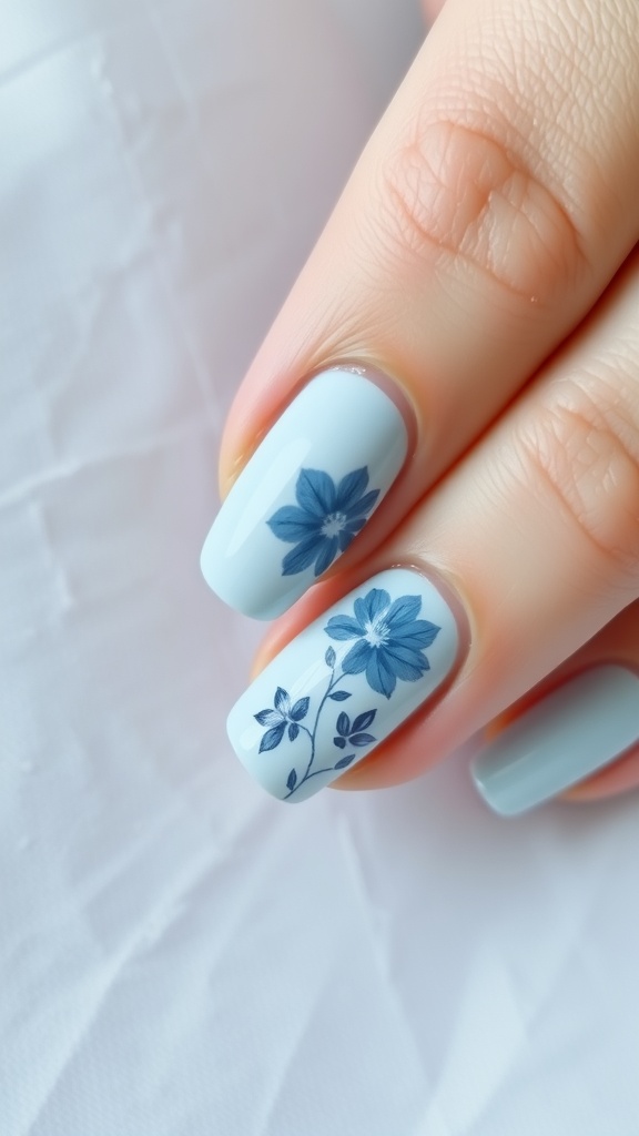Light blue nails with vintage floral designs