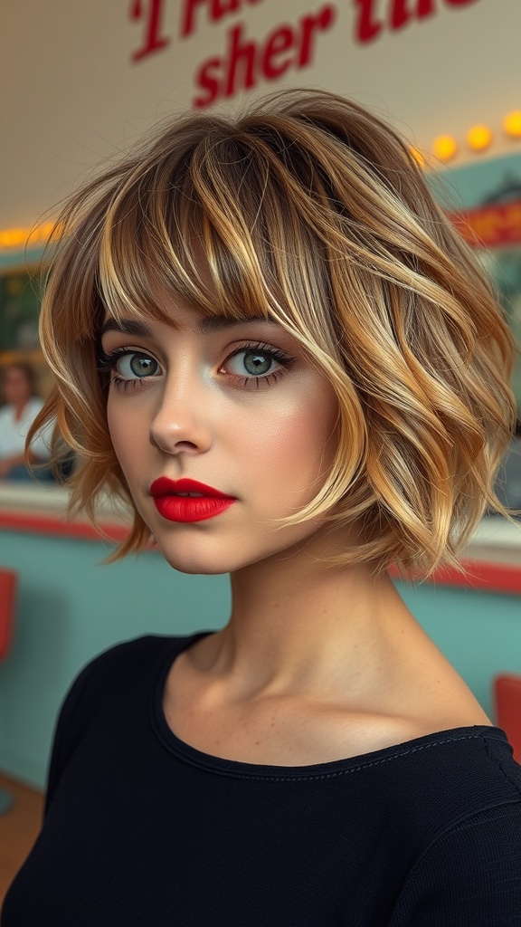 A woman with a vintage-inspired bob hairstyle, featuring soft waves and bangs, with a bright red lip.